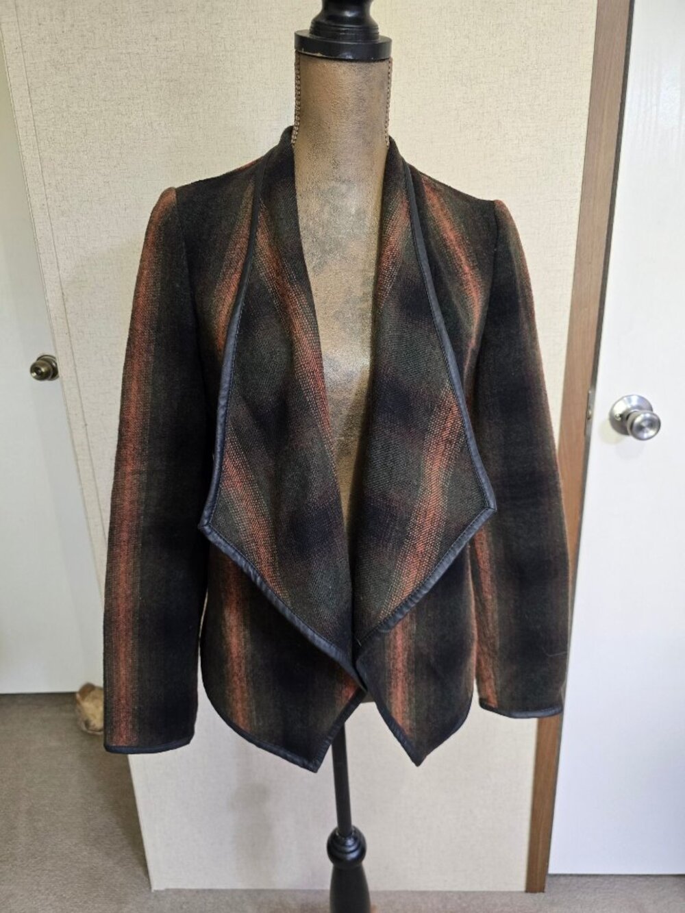 BB Dakota Small Open Front Jacket Black Orange Striped Wool Blend Asymmetrical